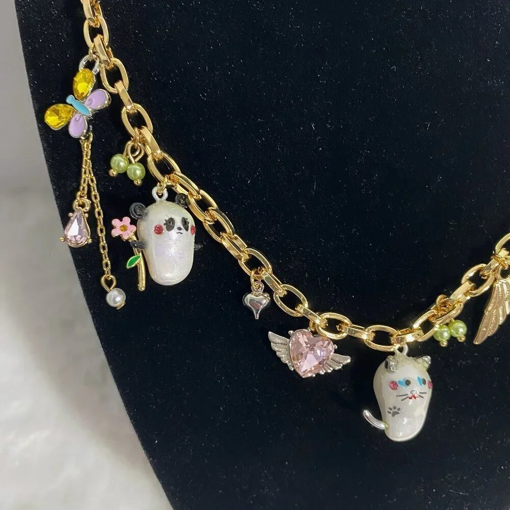 Betsey Johnson Jeweled Critters Charm Necklace & Mini Travel Jewelry Bag